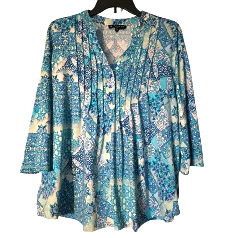 N Touch Chic Blue Patterned Blouse PXL EUC